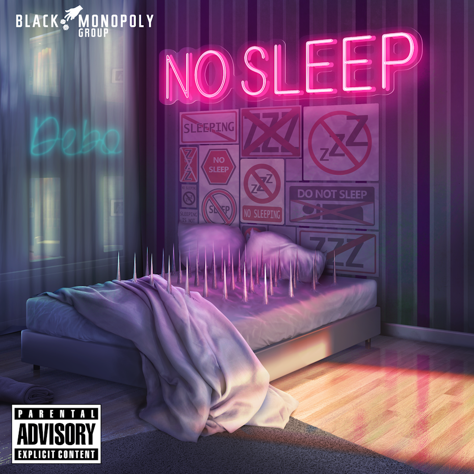 3D rendering of a bed covered in spikes with signs saying things like “No Sleep” on the wall behind it