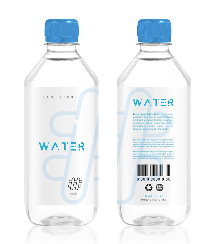 two clear water bottles side by side with minimalist text