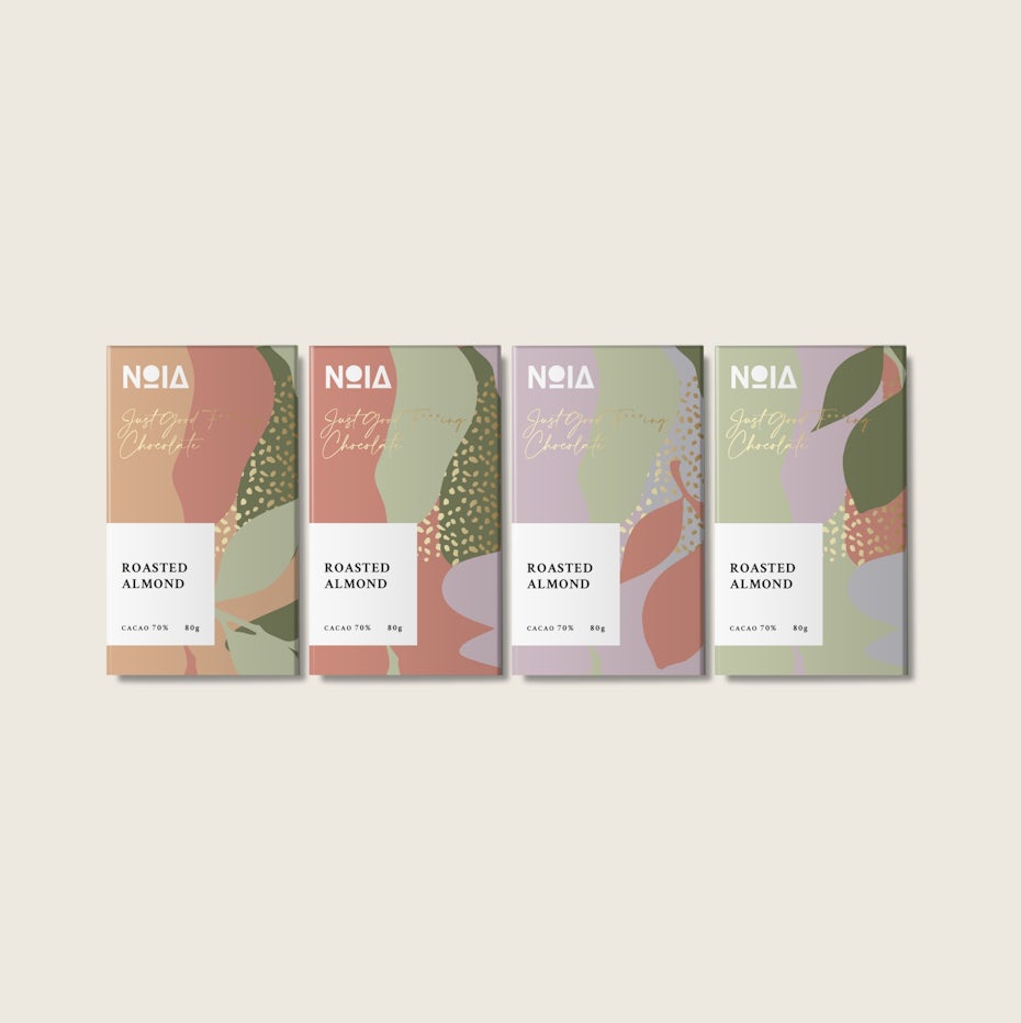Chocolate bar packaging design with abstract, organic Memphis shapes