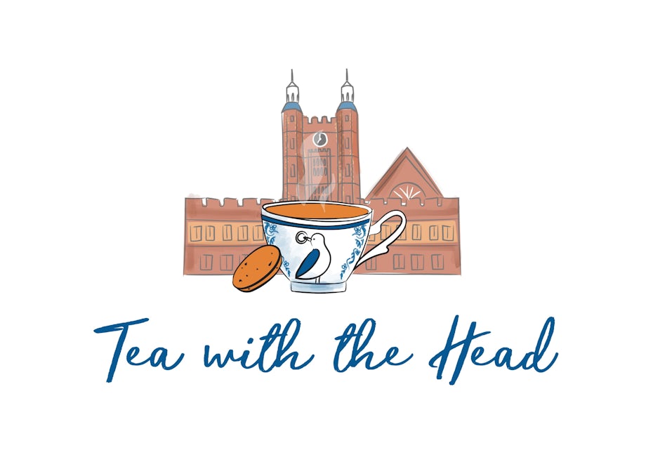 illustrated logo showing a cup of tea with a bird on it set in front of a school