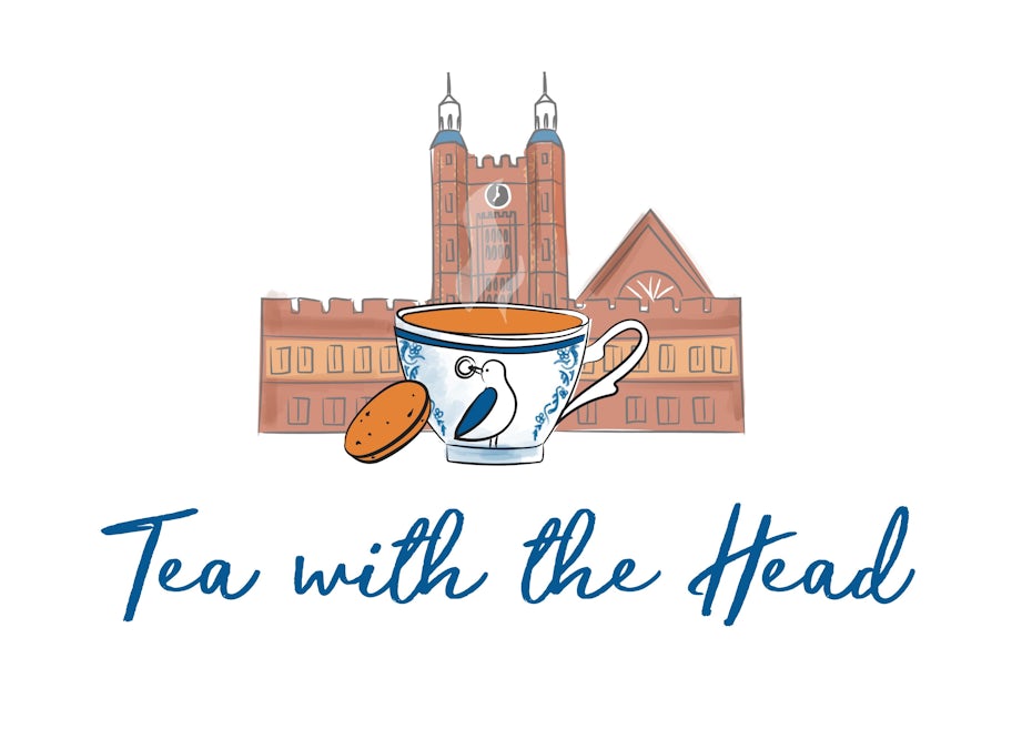 illustrated logo showing a cup of tea with a bird on it set in front of a school