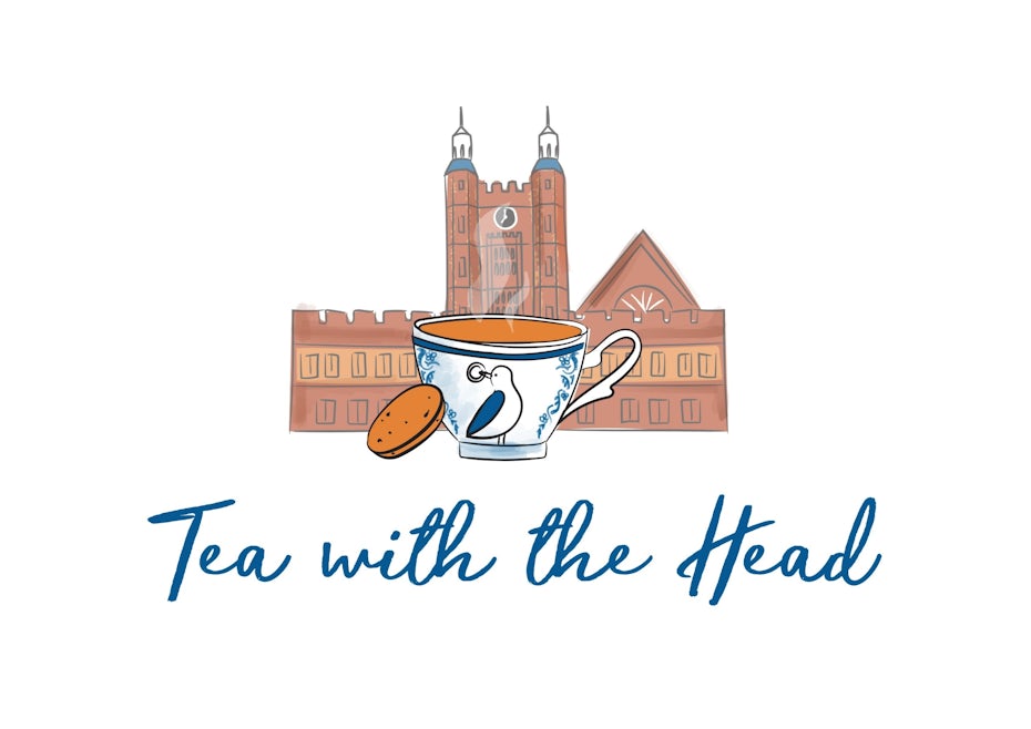 illustrated logo showing a cup of tea with a bird on it set in front of a school