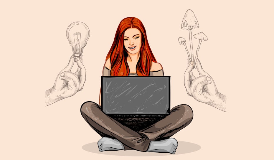 illustration: Frau im schneidersitz und laptop auf dem schoß