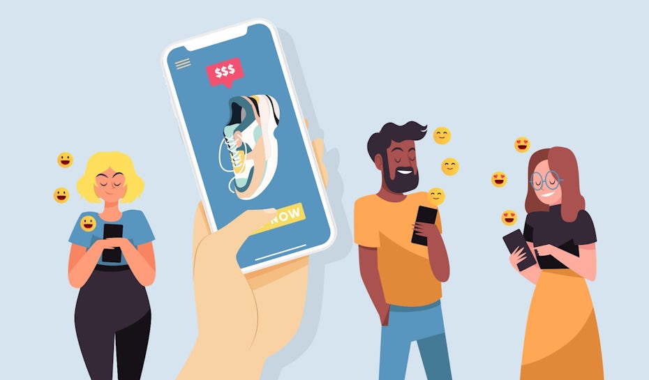 Illustration of various people having a positive experience using mobile websites