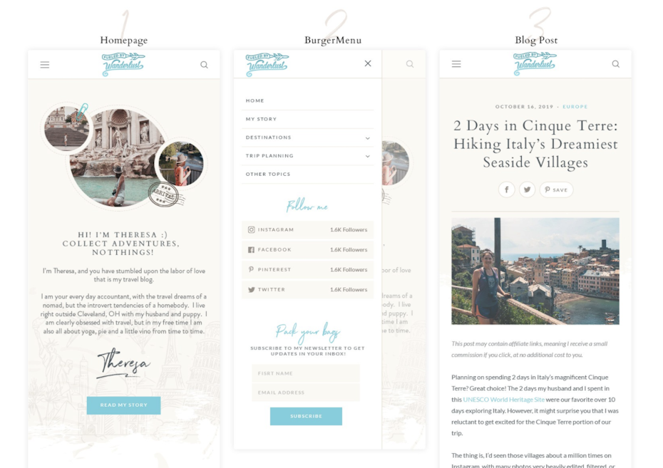 Mobile website design and navigation menu for travel blog