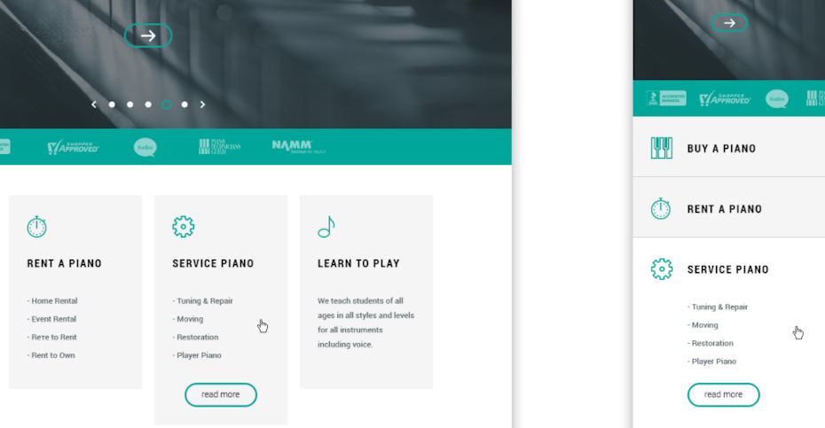 Mobile website design for a piano buying and renting service