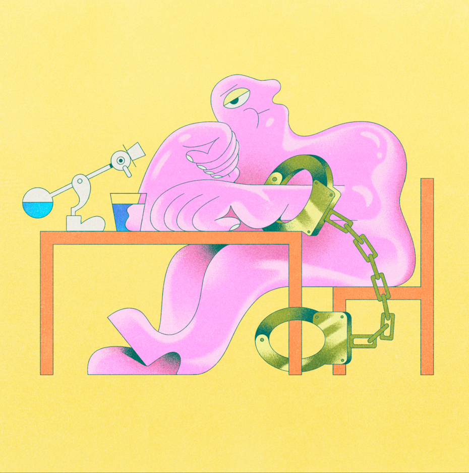 freelancer chained to their desk: an illustration in pastel colors