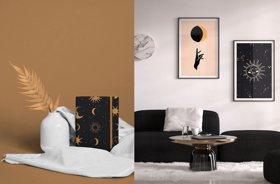 celestial themed poster and stationary with muted interiors