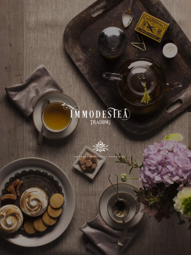 white ornate logo pictured with a collection of photos of tea