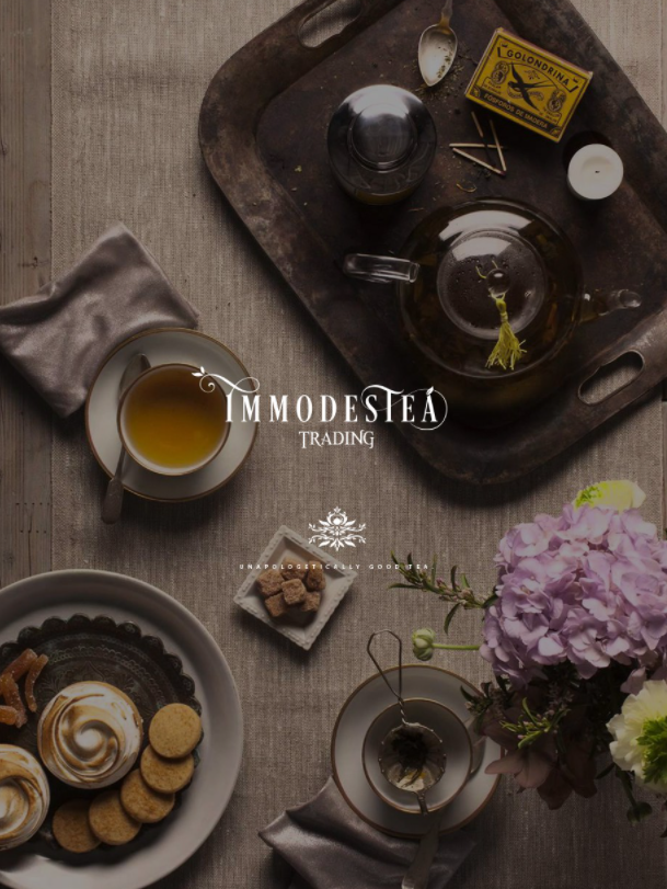 white ornate logo pictured with a collection of photos of tea