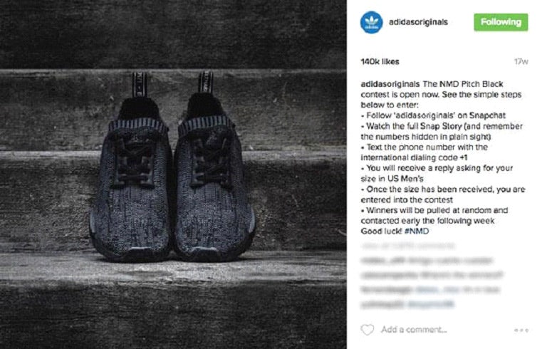 Instagram screenshot showing Adidas NMD Pitch Black sneakers and raffle instructions