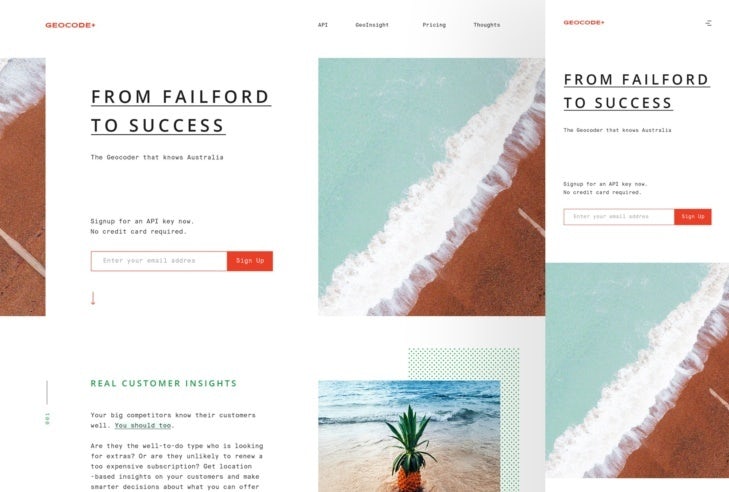 A minimalist, tropical themed photographic mobile website page