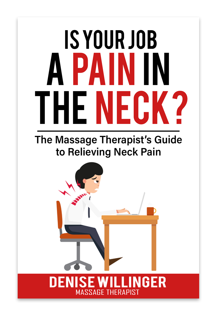 Buchcover zeigt eine Person mit Nackenschmerzen, die an einem Schreibtisch sitzt