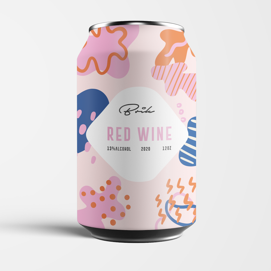 Wine can label design with abstract, organic Memphis shapes