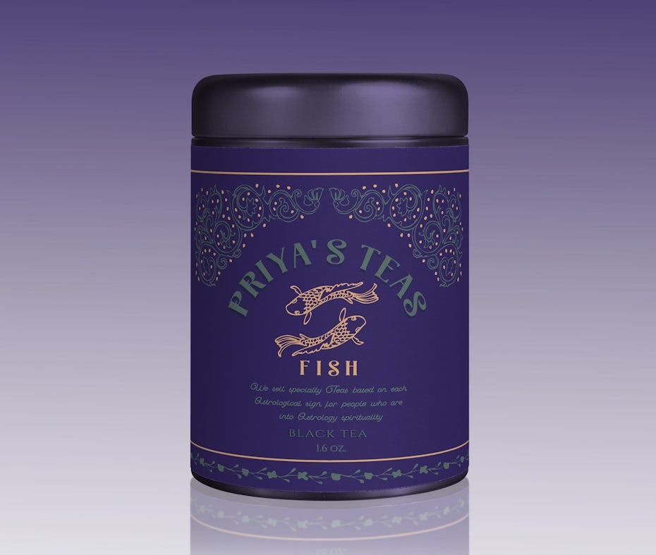 dark purple tea label with gold and blue text