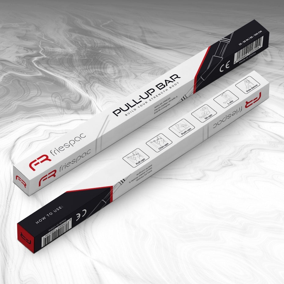 long black and white box with red accents