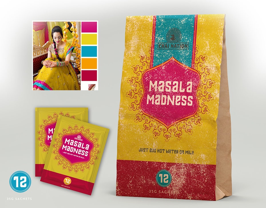 paper bag beside individual tea bags, all in yellow with the same pink logo