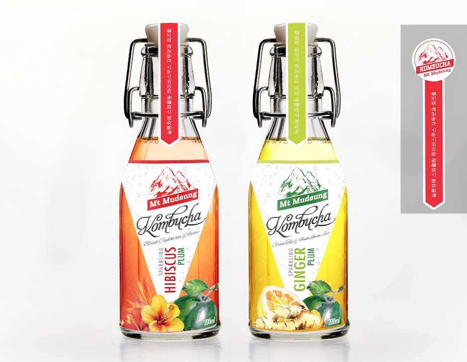 zwei Kombucha-Flaschen mit jeweils einem Etikett mit den Zutaten