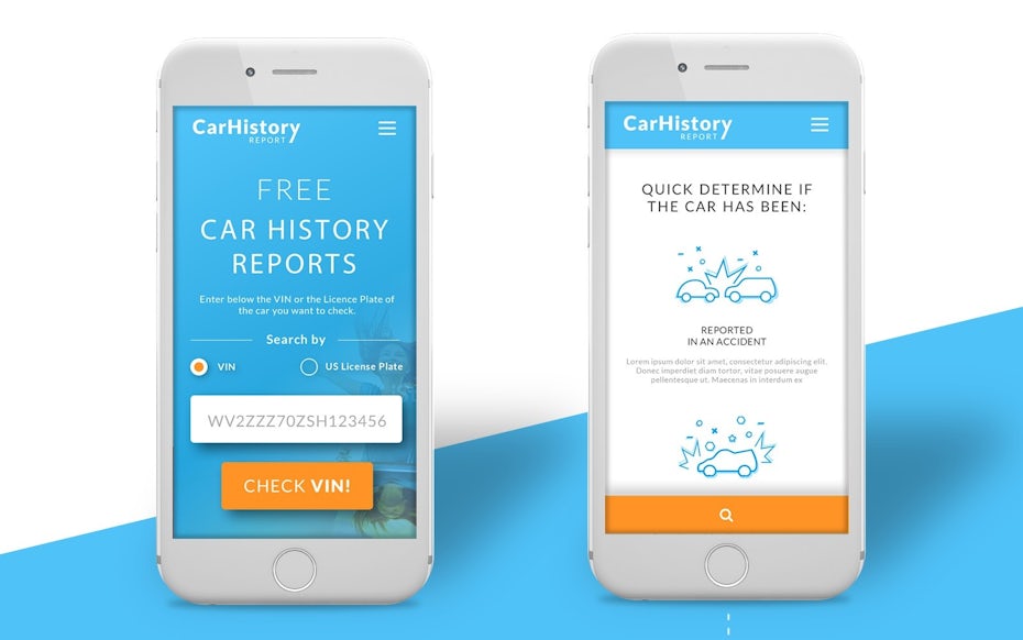 Blue and orange mobile website design for car report service