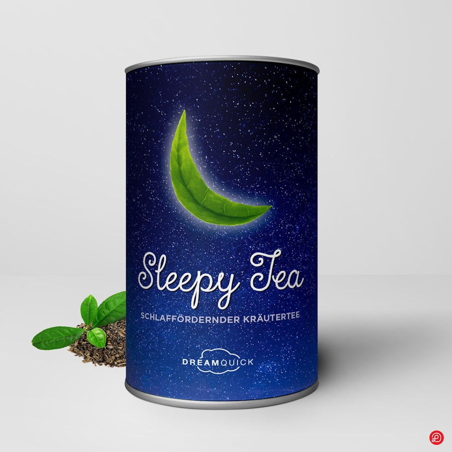 blue canister of tea with a tea leaf shaped like the moon
