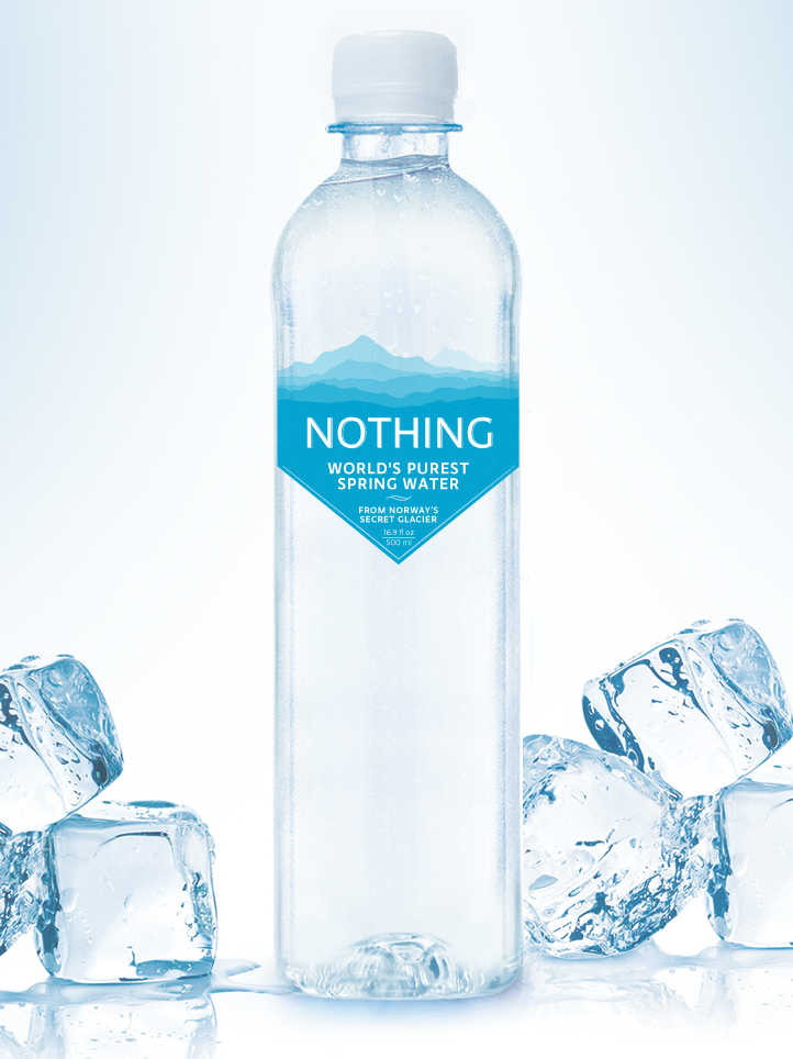 plastic water bottle with a minimalist blue iceberg label