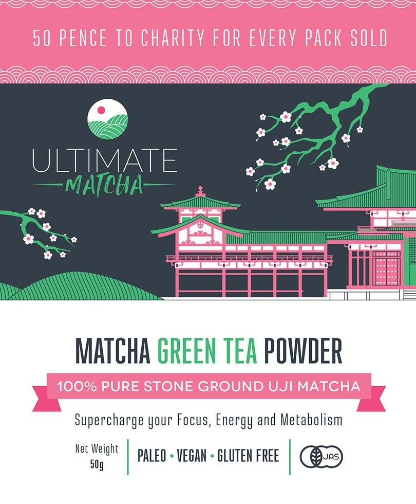 packaging label showing a pagoda, cherry blossoms and design elements in pink, green and white