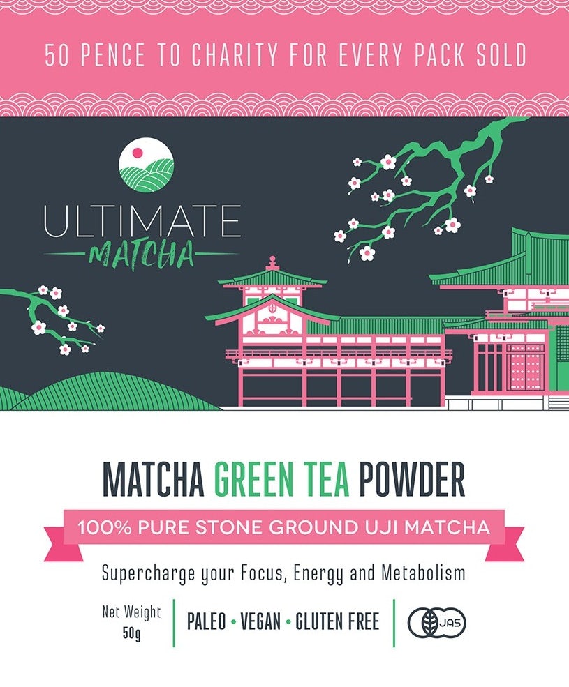 packaging label showing a pagoda, cherry blossoms and design elements in pink, green and white