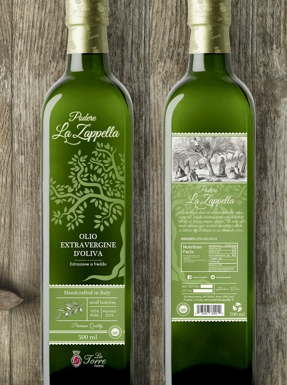 green olive oil bottle with minimalist image of an olive tree