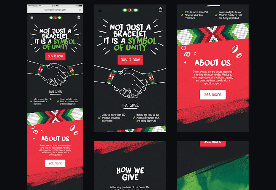 Darkmode mobile website design for Mexican bracelet brand