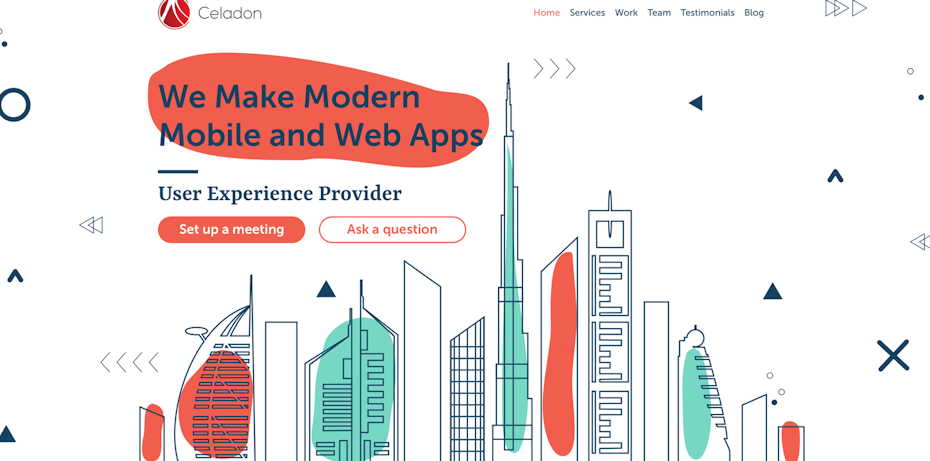 Website design with abstract shapes in the background of the header