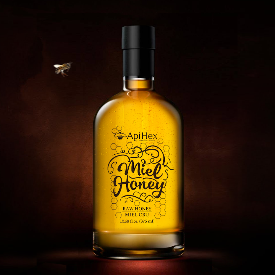 clear honey bottle with black geometric label