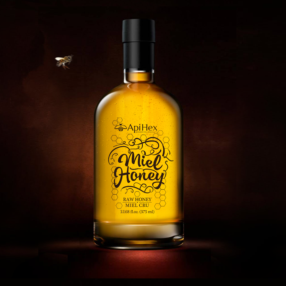 clear honey bottle with black geometric label