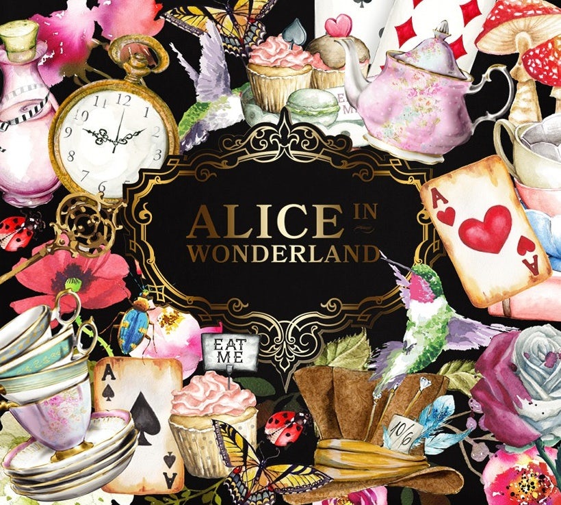 multicolored tea box illustrated with imagery from Alice in Wonderland