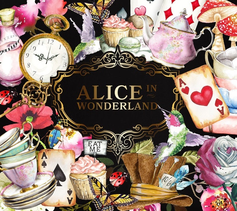 multicolored tea box illustrated with imagery from Alice in Wonderland