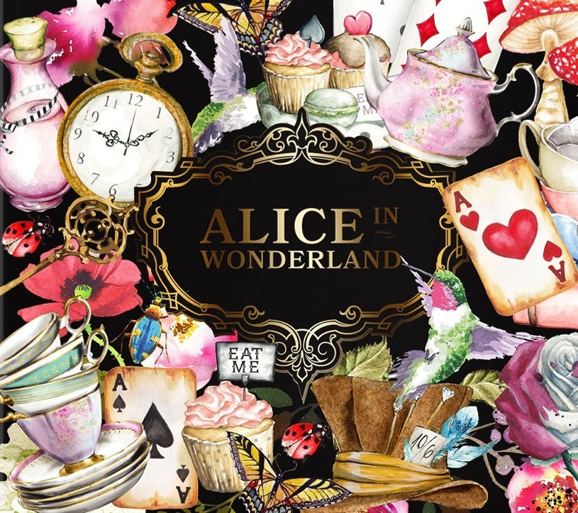 multicolored tea box illustrated with imagery from Alice in Wonderland