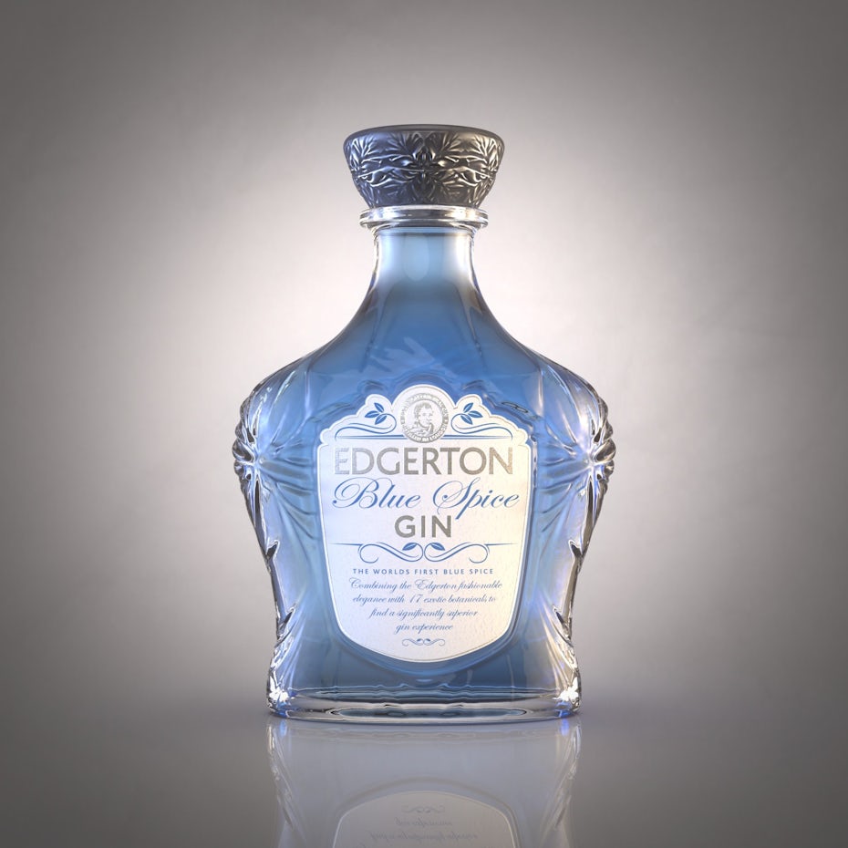 blue gin bottle with an ornate top and label