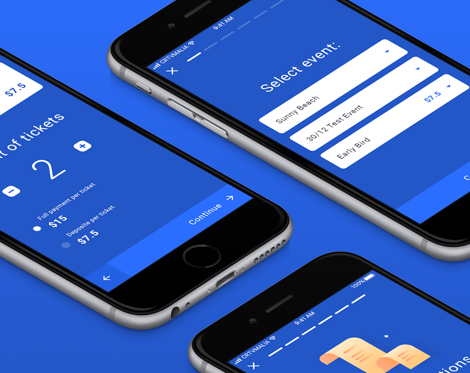 Mobile website design for a ticket service with blue theme