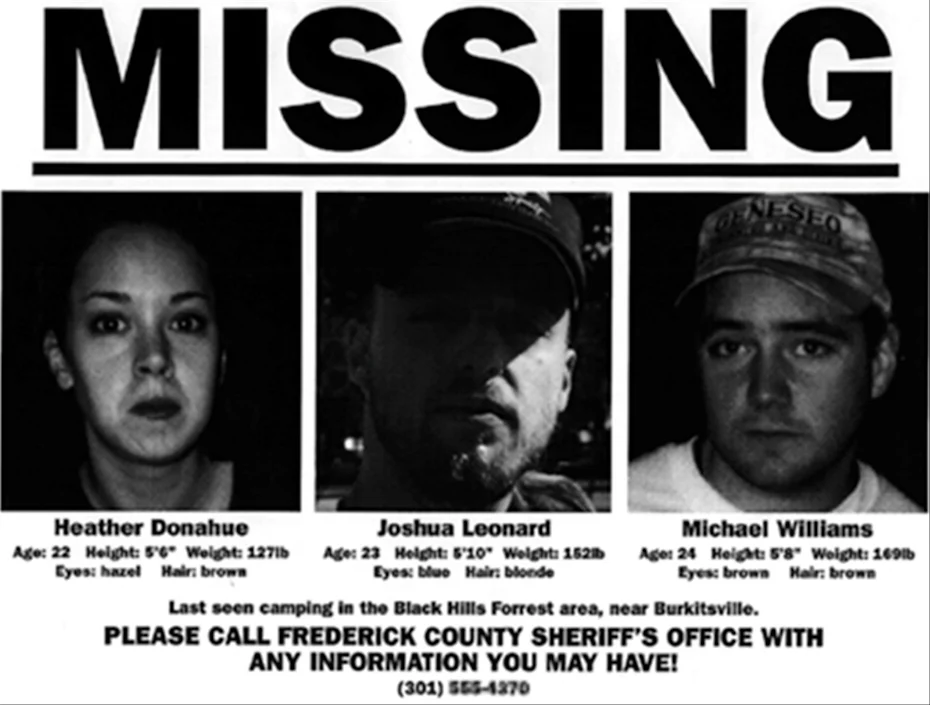 black and white Missing Person poster for the three filmmakers who created The Blair Witch Project