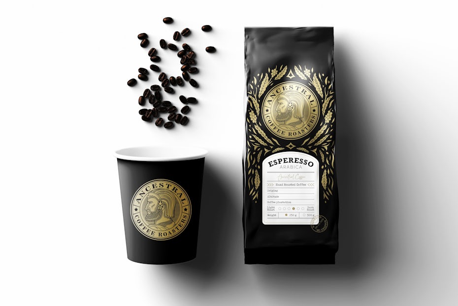 black coffee bean bag next to black paper coffee cup
