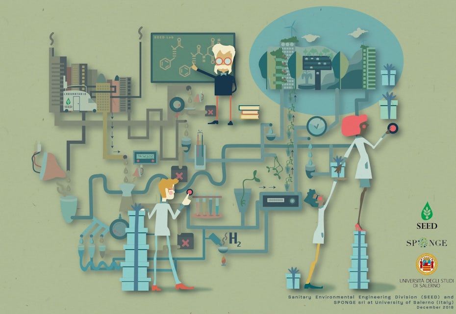 Stylized illustration of scientists at work