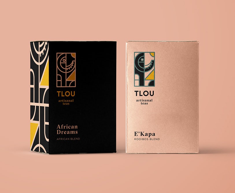 rooibos tea and branding on a pastel pink background