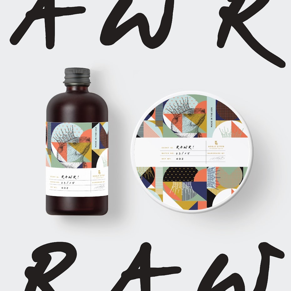 Label design with sketch illustration overlaid on Memphis pattern