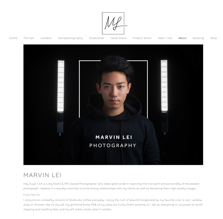 Screenshot of photography website design for Marvin Lei