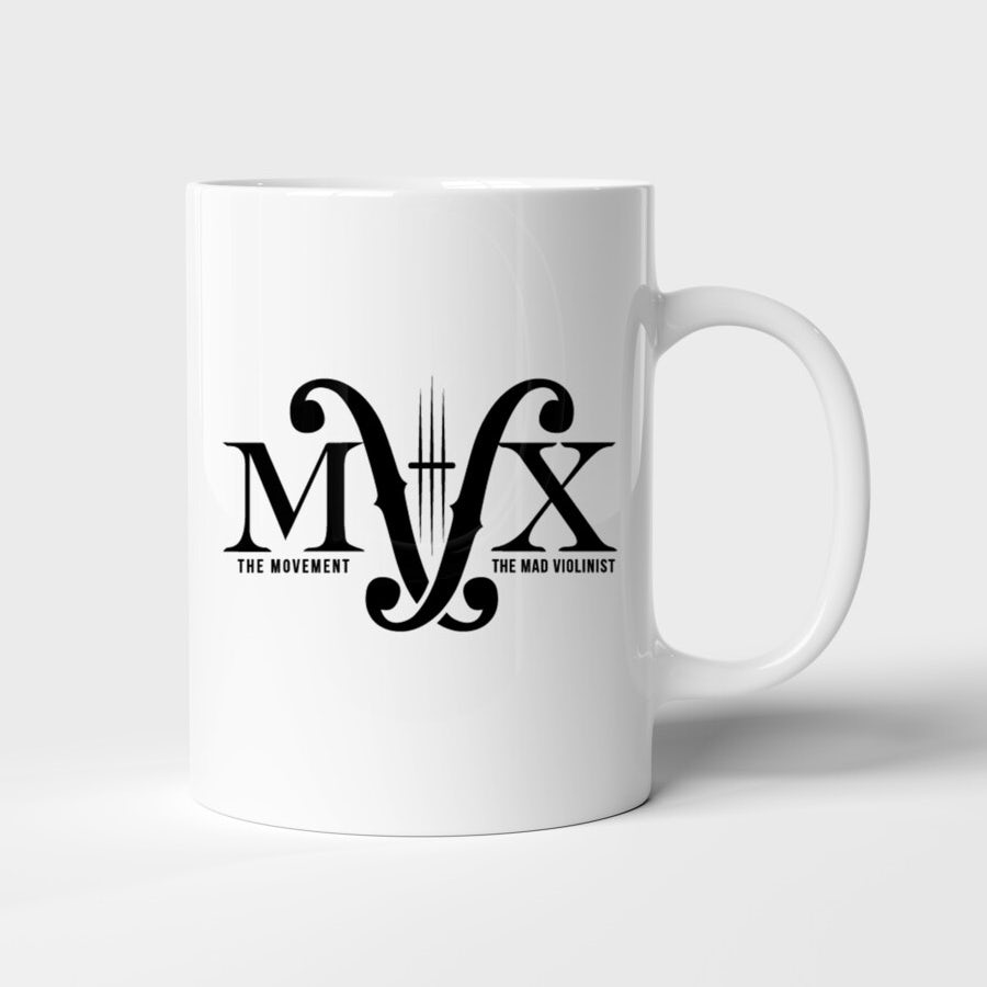 white mug with a black logo comprised of the letters M and V with clefs in between
