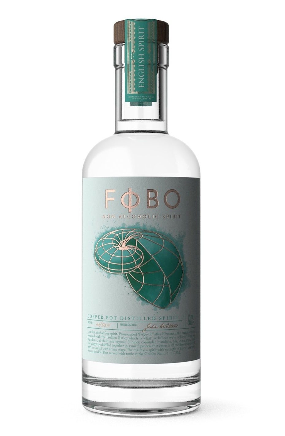 clear bottle with a pale green label with an image of a spiral shell in metallic copper