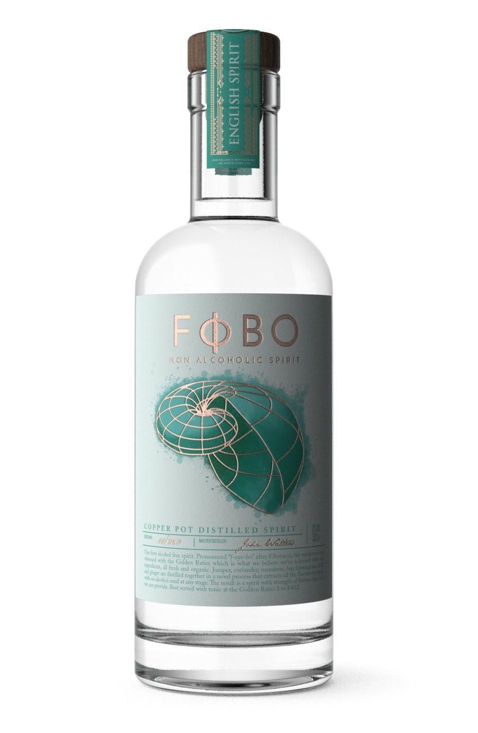 clear bottle with a pale green label with an image of a spiral shell in metallic copper