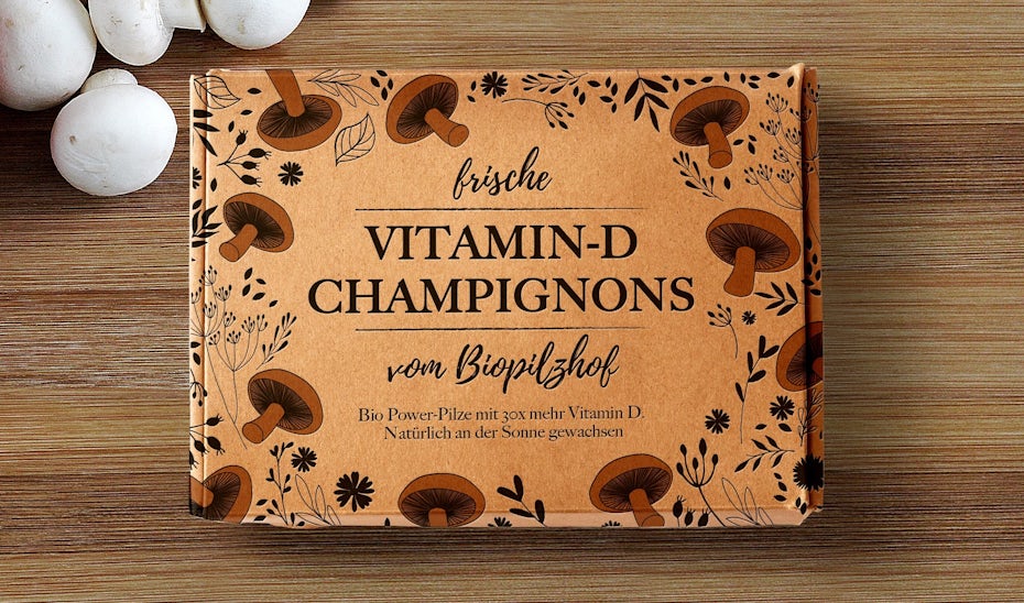 Design de packaging dans des tons marrons pour une marque de champignons