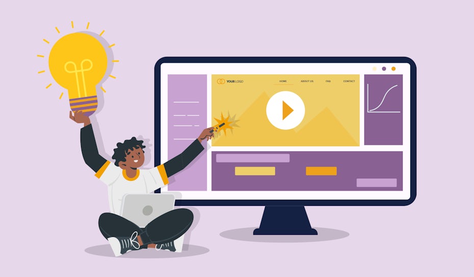 Illustration jaune et violette d'une personne en train de présenter des designs web