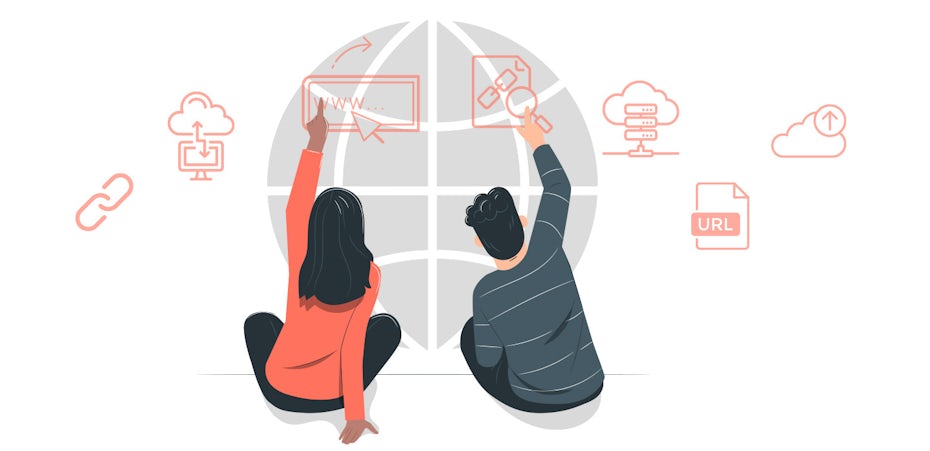 Illustration: Zwei Personen sitzen mit dem Rücken nach oben auf verschiedenen Symbolen zum Hochladen, Links, URLs