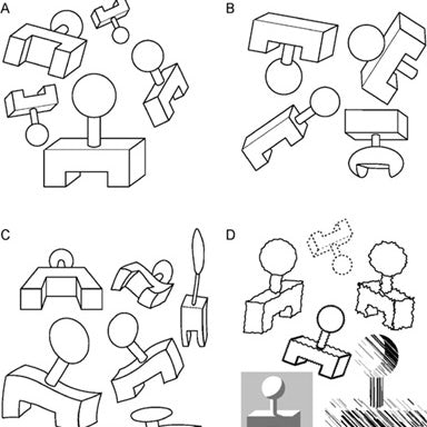 Black and white images showing the same shape skewed and distorted multiple times